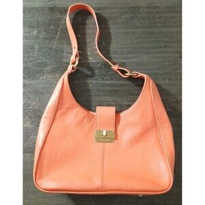 Brahmin Coral Orange Pebbled Leather Hobo Shoulder Bag Gold Tone Hardware